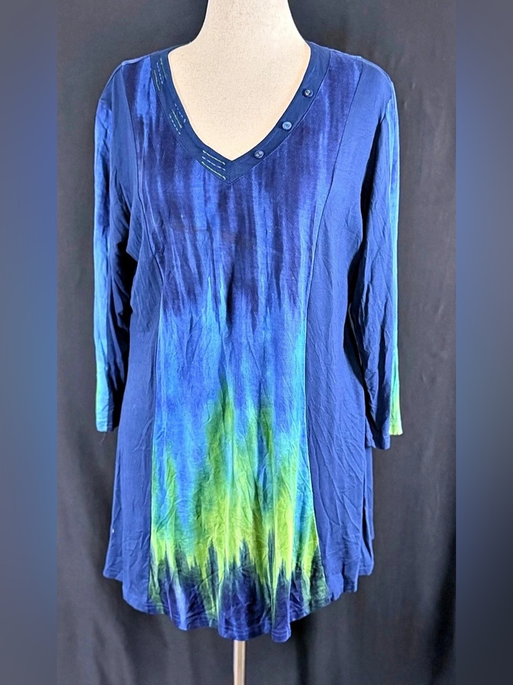 Parsley & Sage Abstract V-Neck Tunic L Blue & Green Cozy Lagenlook Tie Dye long